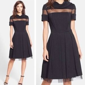 Pamella Roland Fit & Flare Short Sleeve Mesh Sheer Detail Black Mini Dress 6